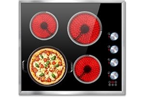 Pladeca 4 Burner Electric Cooktop, 24 Inch Electric Stove 6000W, 220V-240V Built-in Ceramic Stovetop with Knob Control, Child Lock, Timer Control, Residual Heat Indicator, Hard Wire(No Plug)