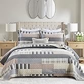 SahSahCasa Quilt King Size, King Quilt Set, 100% Cotton King Quilt Bedding Set Bedspreads, Farmhouse Reversible Patchwork Lightweight Plaid Quilts Bedspread for All Season, Gray/Brown, 3PCs
