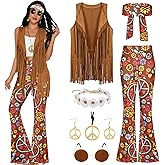 GERVAISE Womens 60s 70s Outfit Disco Hippie Costume Fringe Vest Boho Pants Accessories Set