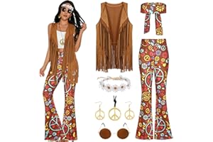 GERVAISE Womens 60s 70s Outfit Disco Hippie Costume Fringe Vest Boho Pants Accessories Set