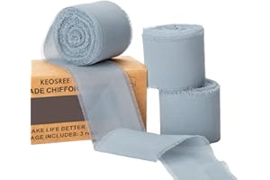 KEOSREE 3 Rolls Dusty Blue Handmade Chiffon Ribbon,1.5" x 21Yd Frayed Fringe Silk Ribbons (3 Rolls *7Yd) for Gifts Wrapping, Wedding Invitations, Bridal Bouquets, Decorations