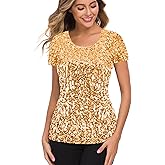 MANER Women’s Full Sequin Tops Glitter Party Shirt Short Sleeve Sparkle Blouses S-4X