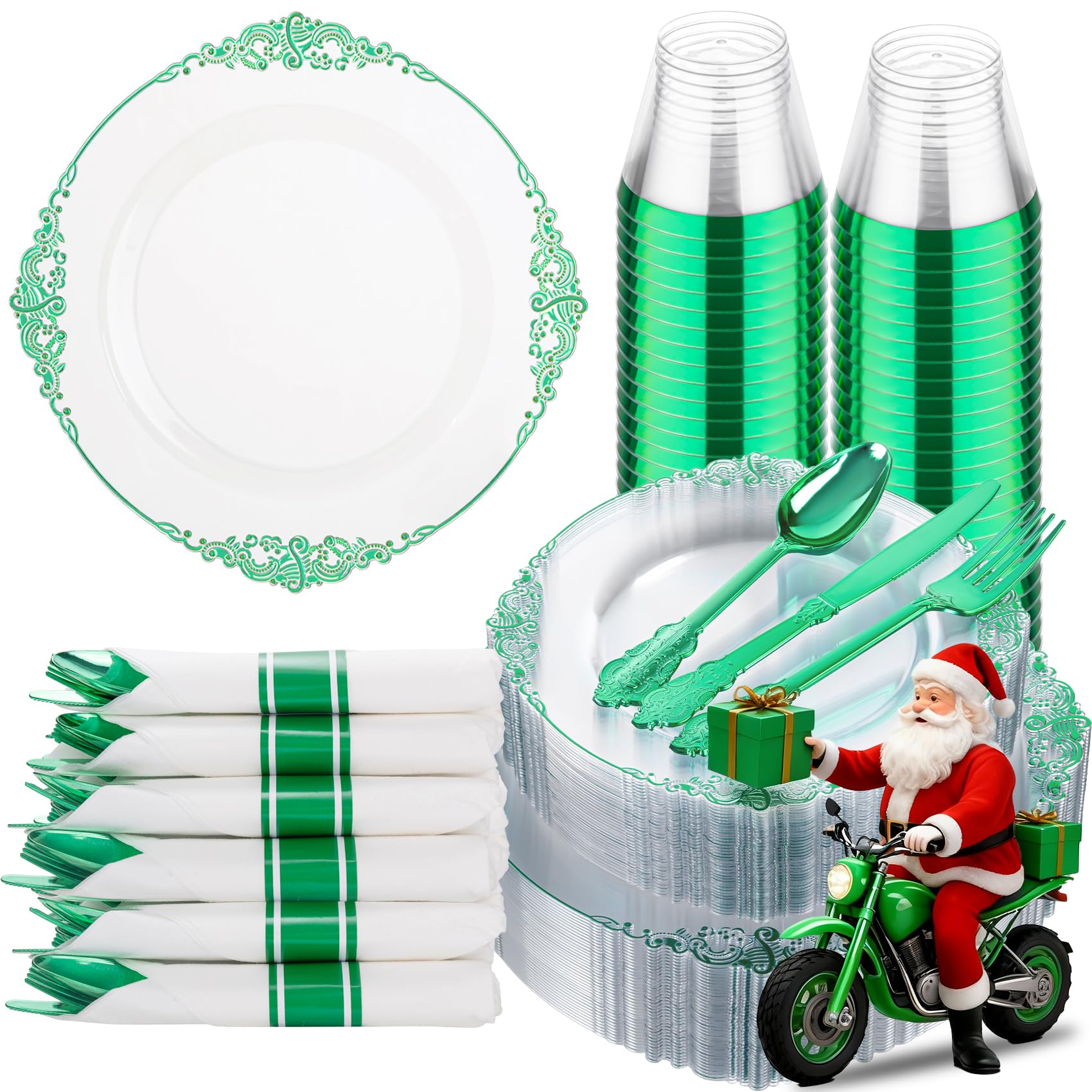Hioasis 175pcs Clear Green Plastic Plates - Elegant Disposable Dinnerware Set Suitable for 25 Guests Include 10.25" Dinner & 7.5" Dessert Plates, Pre Rolled Silverware Set, Cups for Party & Christmas Image
