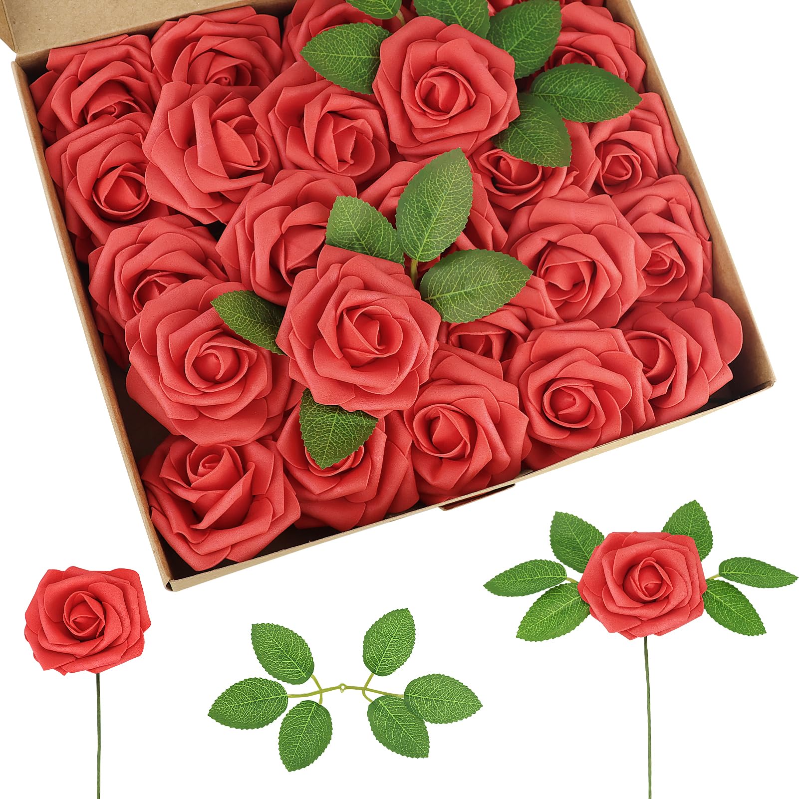 25pcs Faux Red Roses Artificial Flowers Roses,Real Touch Foam Roses Fake Flowers Artificial Rose Bulk with Stem for Wedding Decor,Bridal Shower Crafts Home Baby Shower Valentines Day Decoration