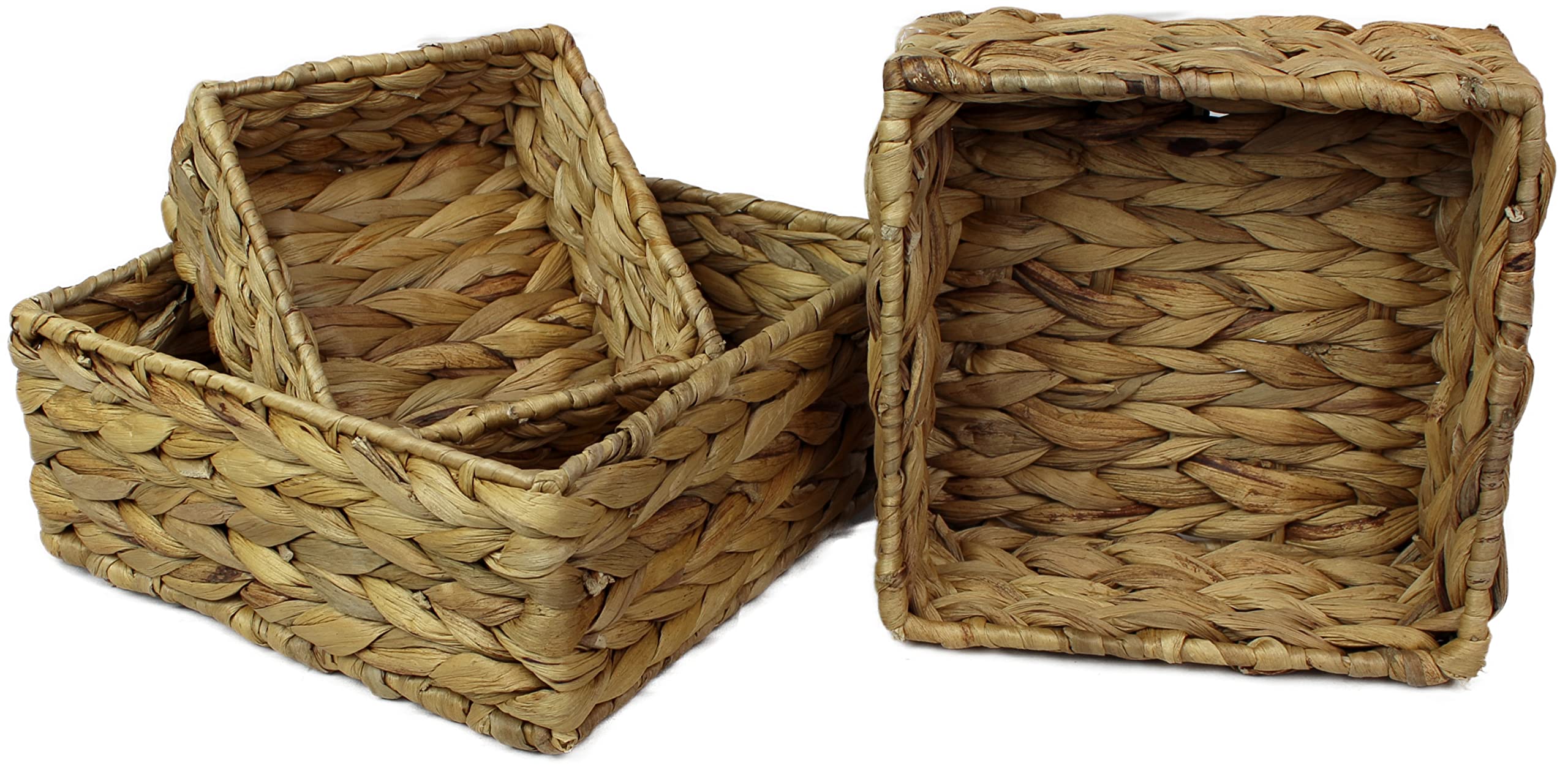 Small Square Water Hyacinth Storage Basket – Natural Wicker Shelf Organiser for Bathroom, Makeup & Jewellery (Set of Three, 1 x Basket)