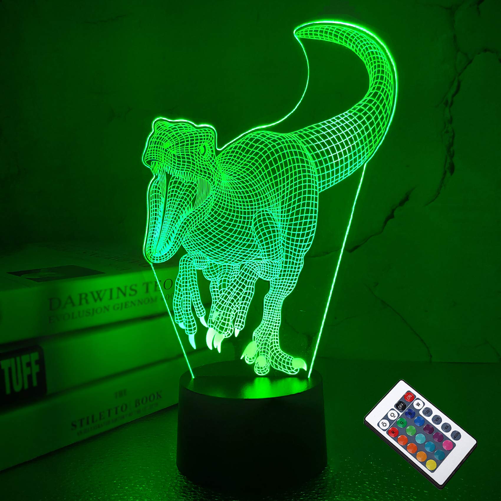 CooPark Dinosaur Lamp, 3D Illusion Night Light for Kids with 16 Colors Changing Remote Control Optical Bedroom Decor Best Creative Birthday Christmas Halloween Gifts for Boy Toddler