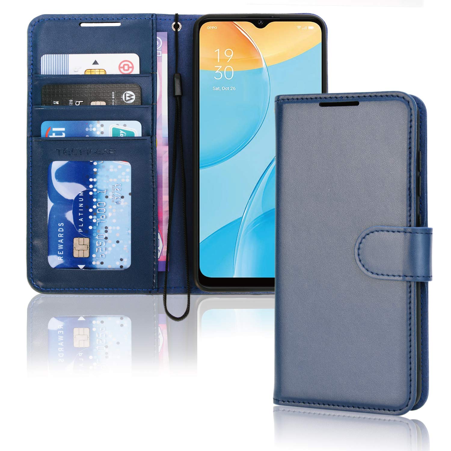 TECHGEAR Leather Wallet Case for Oppo A15 / A15s, Flip Protective Case Cover with Wallet Card Holder, Stand & Wrist Strap - Blue PU Leather with Magnetic Closure