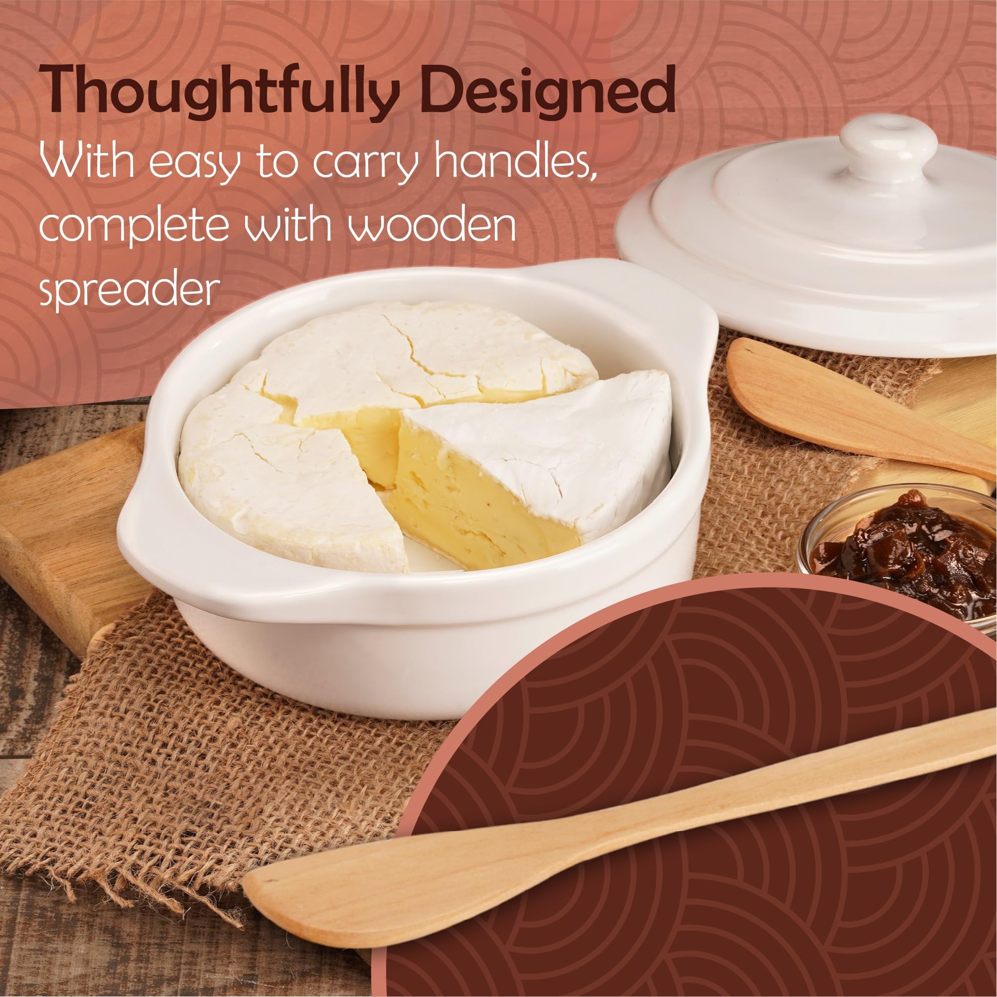 Muldale Brie Baker with Lid and Spreader - Camembert Baker Crock in White - Free from Lead Ceramic Baking Dish - 5.5” - Fits Standard Camembert Wheel