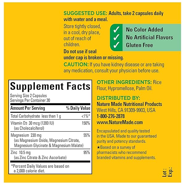NATURE MADE MAGNESIUM COMPLEX WITH VITAMIN D AND ZINC SUPPLEMENTS, MAGNESIUM SUPPLEMENT FOR MUSCLE, NERVE, HEART & BONE SUPPORT WITH VITAMIN D3 & ZINC FOR IMMUNE SUPPORT, 60 CAPSULES, 30 DAY SUPPLY