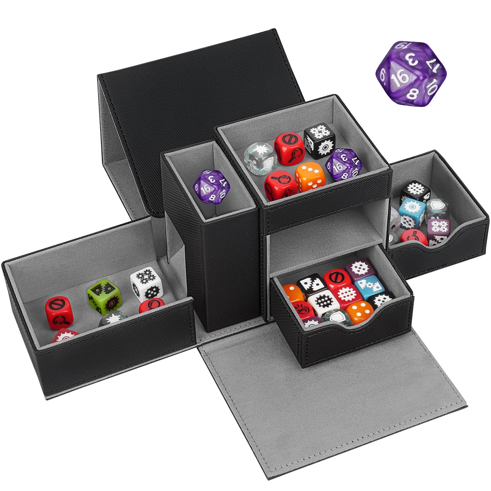 Jaffzora Dice Tray & Dice Roller Tower, Magnetic Dice Storage Box for Rolling, 3 in 1 Leather Dice Organizer Holder Fits for Dungeons & Dragons, MTG DM and Player, Black & Gray