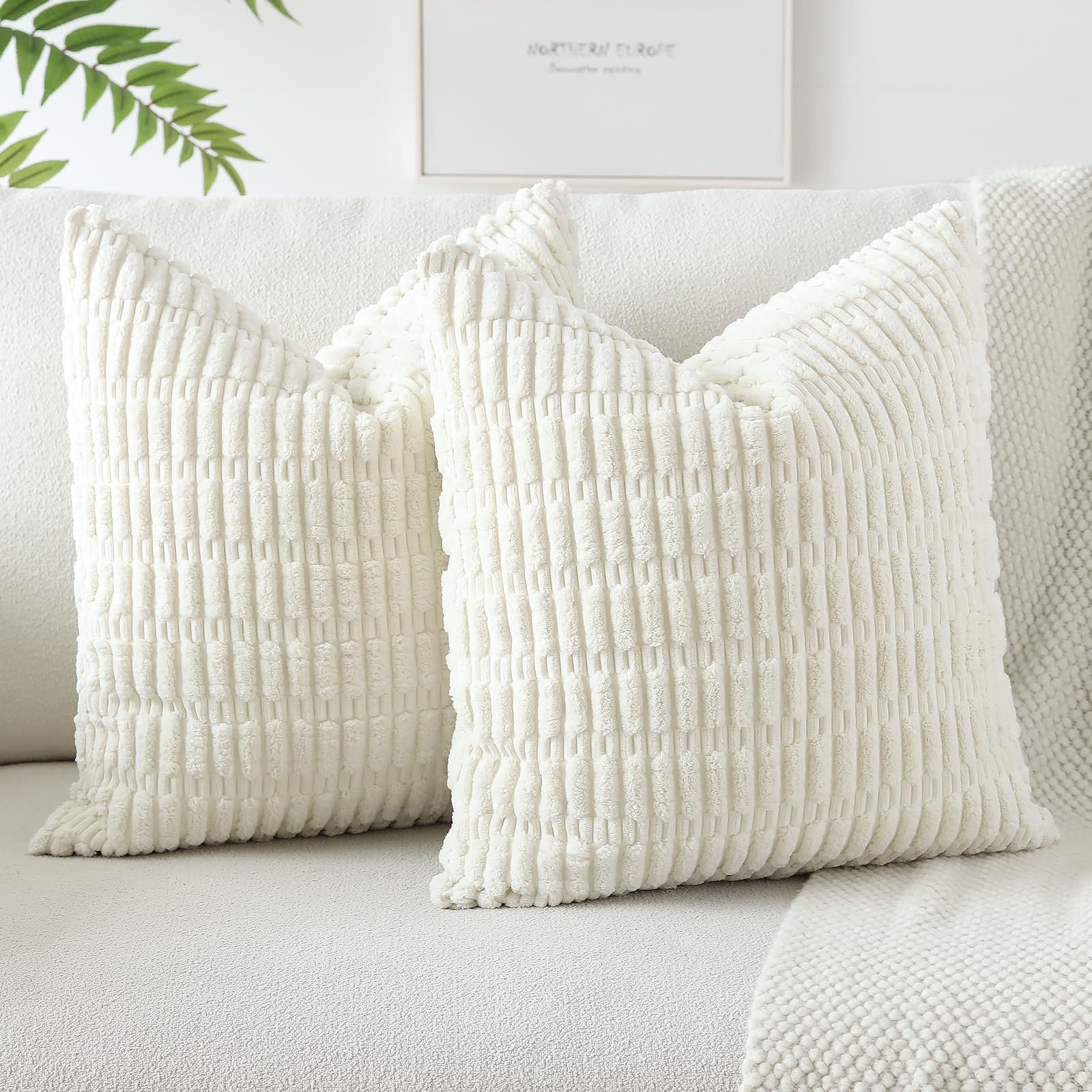 JOTOM Pack of 2 Corduroy Soft Striped Cushion Covers 40x40 cm 16x16 Inch Boho Decorative Throw Pillow Covers Square Cushion Case Home Decor Pillow Cases for Couch Sofa Living Room Bed (Cream White) — image 1
