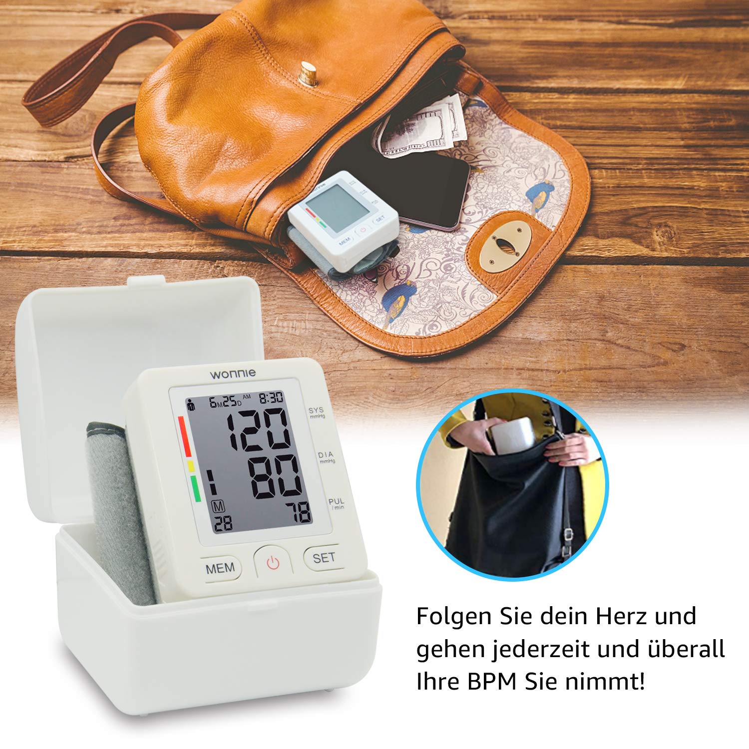 Handgelenk Blutdruckmessgerät, WONNIE hohe Messgenauigkeit vollautomatisches BP blutdruckmanschette Pulsmessung für zwei Benutzer (2x90 speicherbare) Heimgebrauch, FDA Zulassung Blood Pressure Monitor