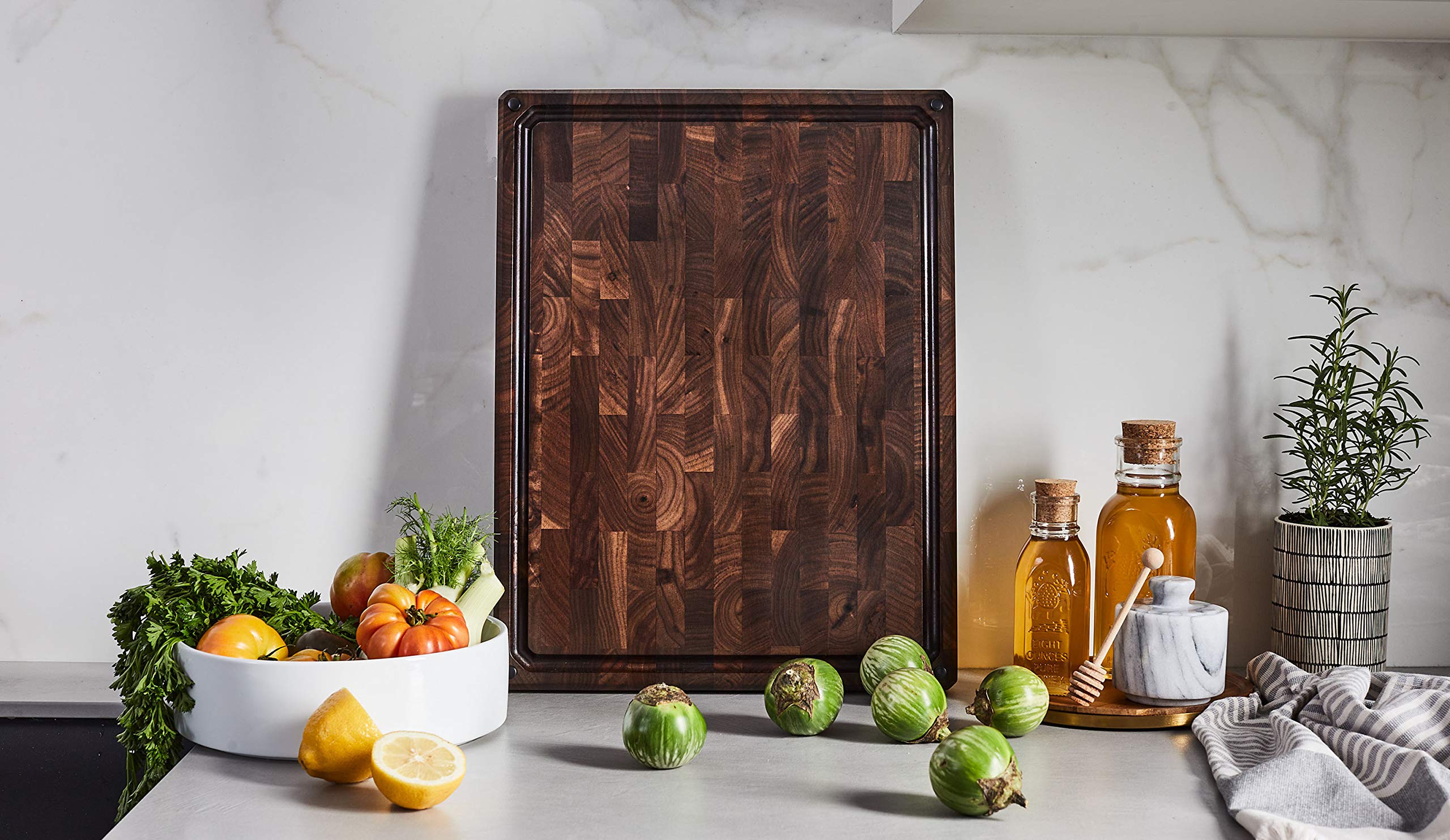 Sonder Los Angeles Alfred Cutting Board Made in USA | Black Walnut End Grain Cutting Board with Non-Slip Feet, Juice Groove, Sorting Compartments | Gift Box Included | 17x13x1.5 in