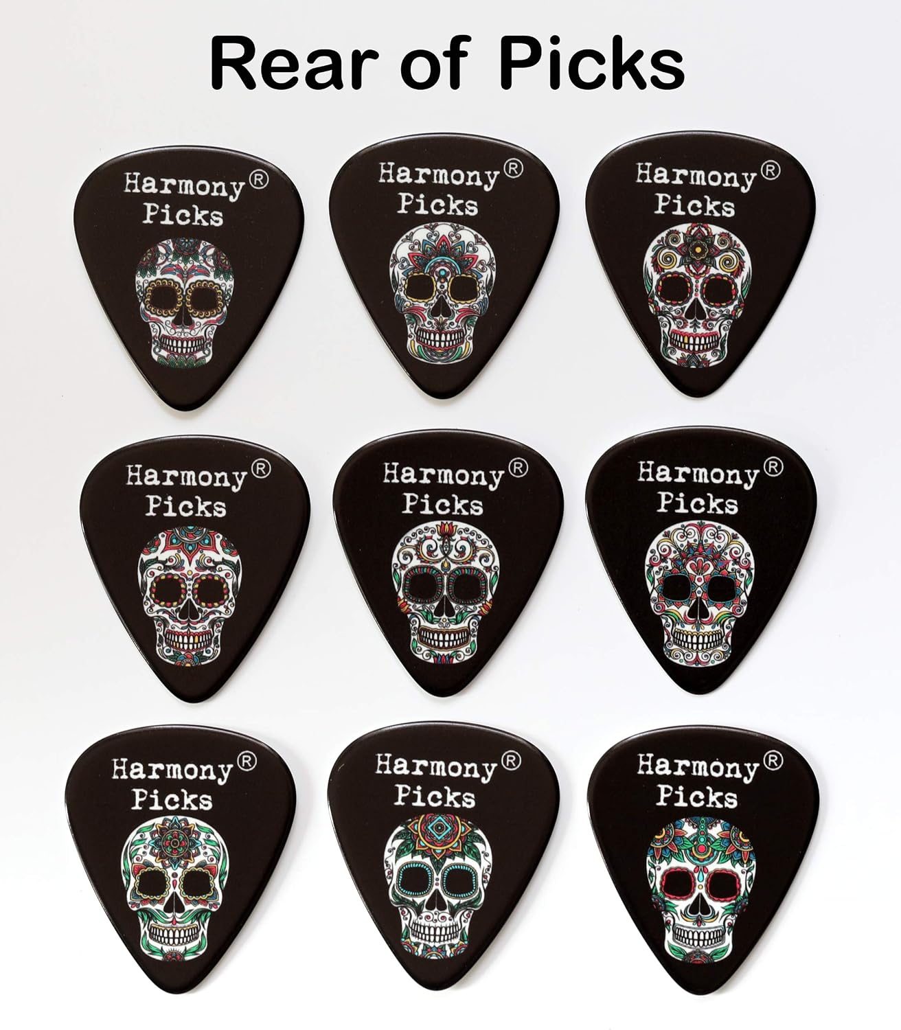 Sugar Skull Guitar Picks Set of 9 Double Sided Harmony Picks, Black, 0.71 millimeters - Image 4