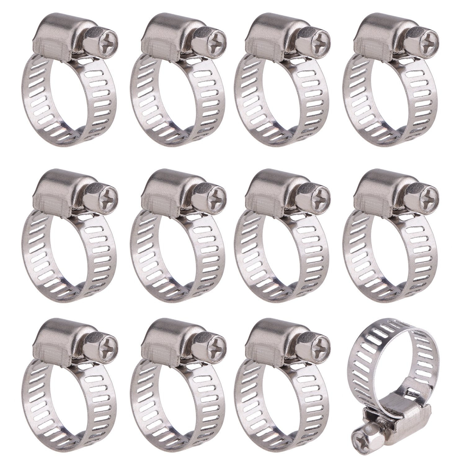 12 Pack Adjustable Stainless Steel Worm Drive Pipes Hose Clamps Clips (9-16 mm)