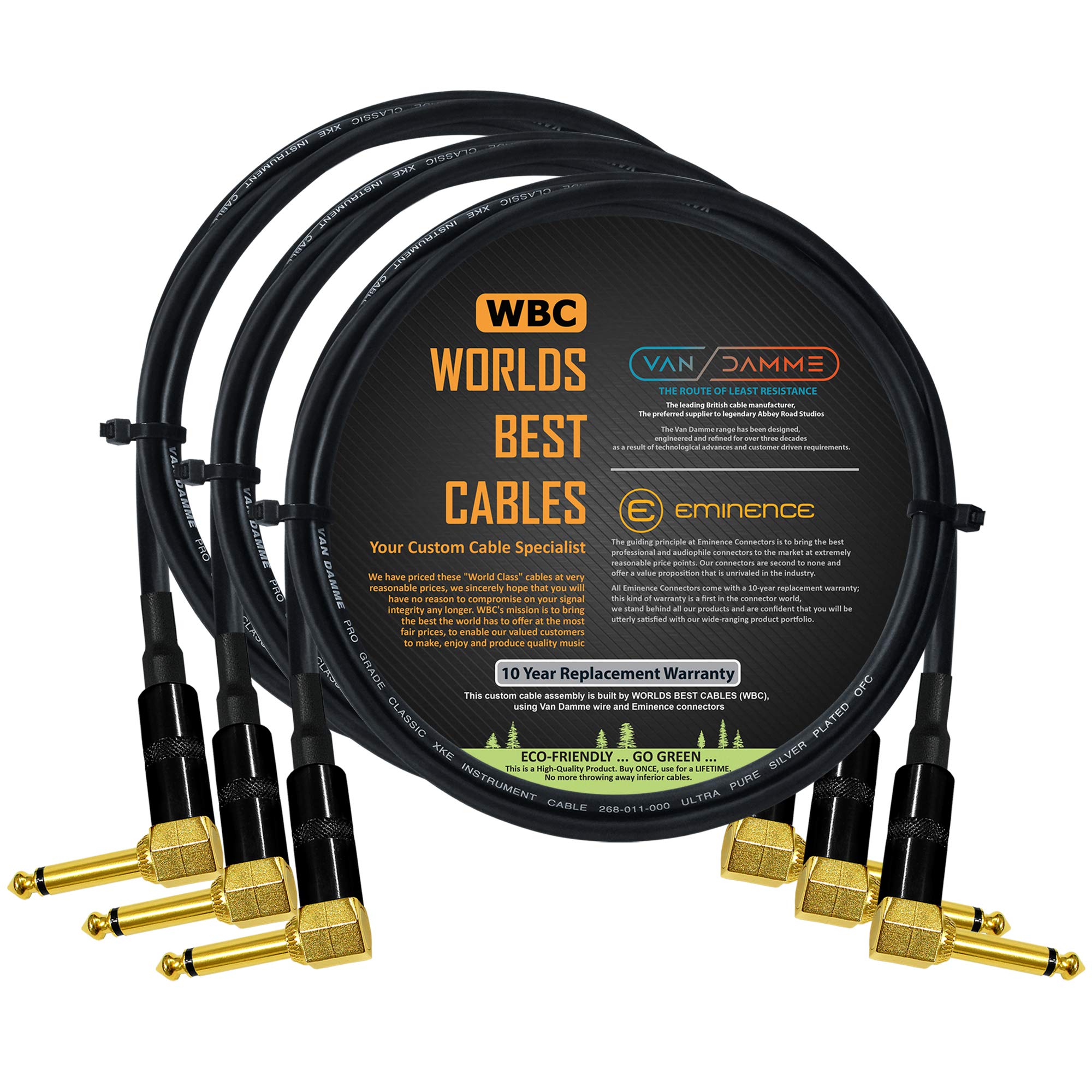 3 Units- 1 Meter - Van Damme Pro Grade Classic XKE - Premium, Ultra-Flexible Multi-Shielded Guitar Bass Instrument Effects Pedal Patch Cable w/Eminence R/Angled Gold ¼ inch TS Plugs & Staggered Boots