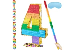 PCFING 20 Inch Number 4 Piñata Rainbow with 30 Inch Piñata Stick Blindfold Confetti for Boy Girl Kids Birthday Party Decorations, Anniversary Celebration, Fiesta