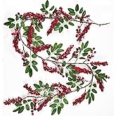 DearHouse 6Feet Red Berry Christmas Garland with Green Leaves Wired Christmas Berry Garland Artificail Garland Indoor Outdoor Garden Gate Home Table Runner Decoration for Winter Holiday New Year Decor