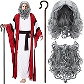 Vinsatin 6 Pcs Mose Costume Satin Pesach Biblical Costumes Accessory Wig Beard Cane for Passover Seder Church Plays Adult