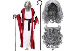 Vinsatin 6 Pcs Mose Costume Satin Pesach Biblical Costumes Accessory Wig Beard Cane for Passover Seder Church Plays Adult