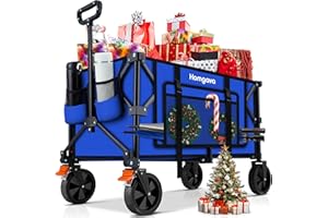 Homgava 140L Collapsible Folding Wagon Cart with 350LBS Resting Weight Capacity, Heavy Duty Garden Cart with All-Terrain&Brake Wheel, Utility Wagon with Side Pocket for Camping,Shopping,Sports,Blue