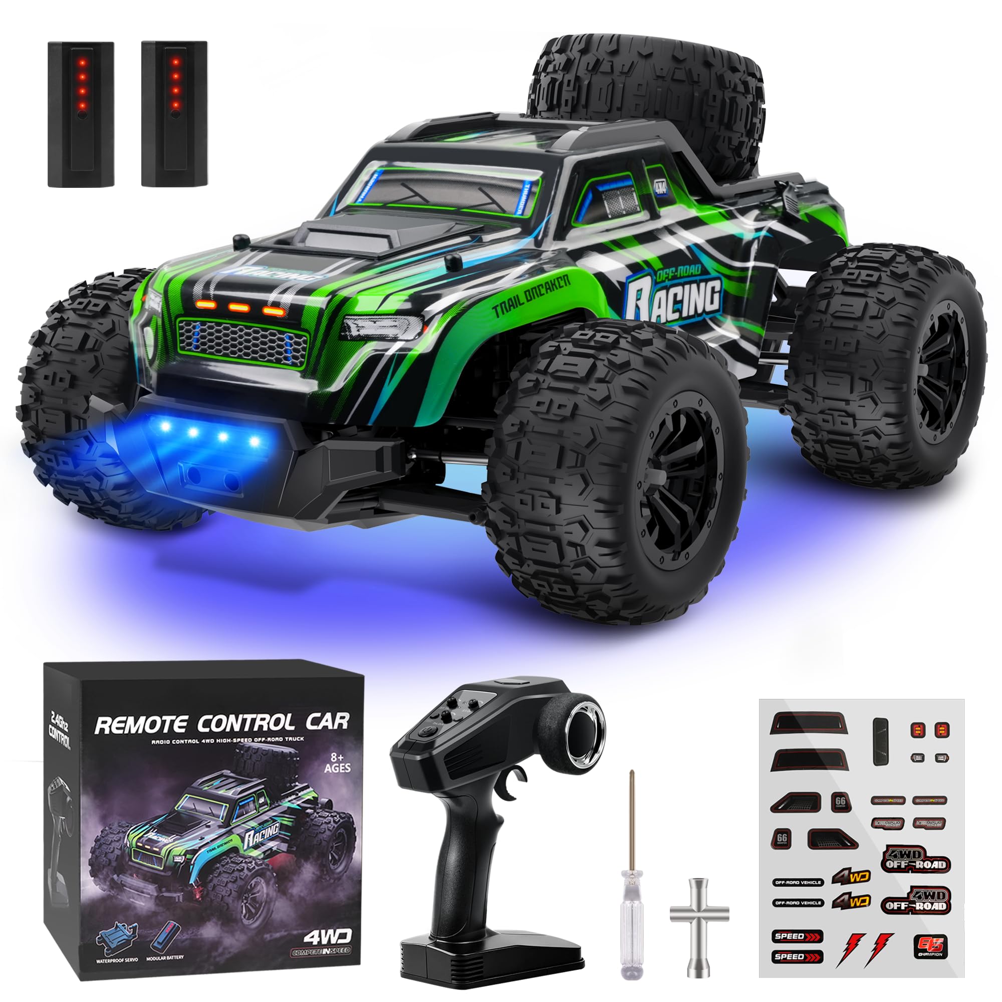 RC Cars - 1:16 High Speed Remote Control Car 40KMH 4X4 All Terrains 2.4G RC Truck With RGB breathing lights Off Road RC Vehicle with 2 Rechargeable Batteries Hobby Grade for Adult Boy - Green