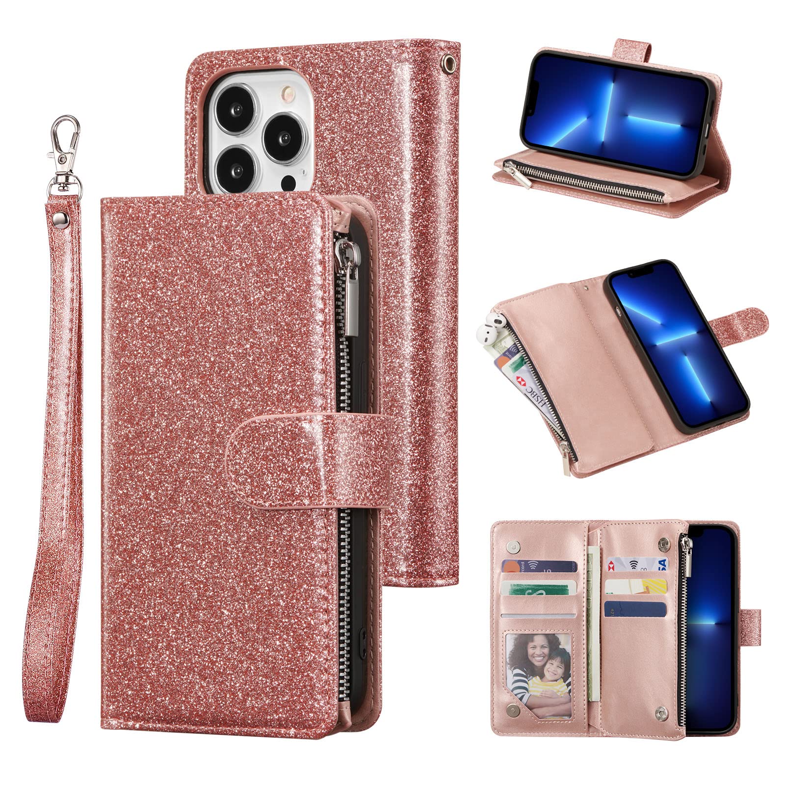 UEEBAI Wallet Case for iPhone 13 Pro 6.1 inch, Premium Glitter PU Leather Case Magnetic Closure Bling Handbag Zipper Pocket Case Kickstand Card Holder Slots Shockproof Flip Cover - Rose Gold — image 1