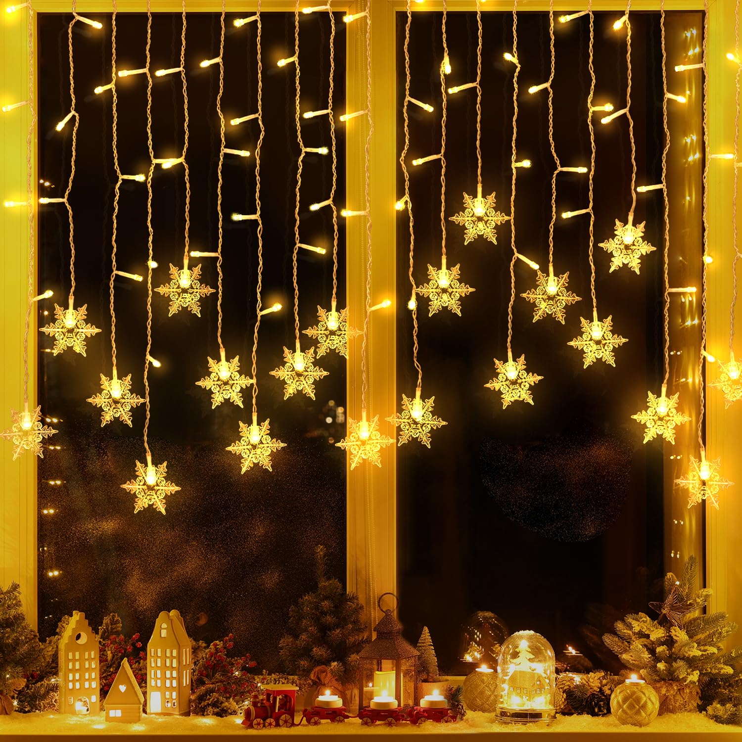 OWill Christmas Curtain String Lights, 13ft/4M 96 LED Snowflakes Fairy Light Indoor with 8 Flashing Modes for Christmas Window Light, Indoor, Party, Bedroom Decorations (Warm White)