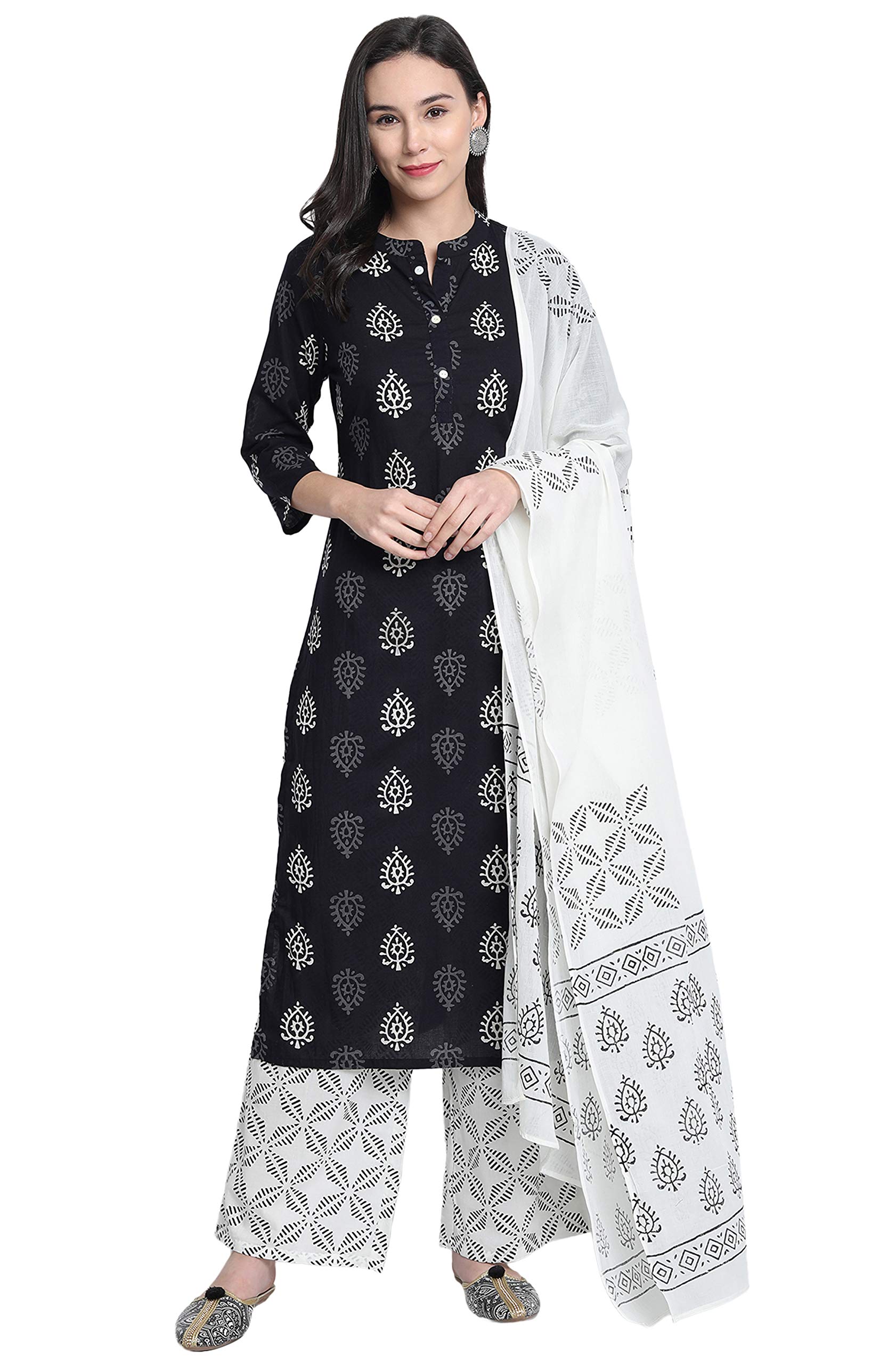 Photo 1 of *TOP ONLY* Janasya Indian Women's Black Cotton Kurta With Palazzo and Dupatta