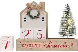 JOEJET Christmas Countdown Calendar, Days Until Christmas Countdown Blocks, Wooden Advent Calendar with Xmas Tree, Christmas Tabletop Decoration with LED Lights for Office, Home, Party