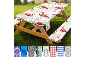 WRAKUS Fitted Picnic Table Cover with Bench Covers Vinyl Waterproof Elastic Edges Fitted Rectangle Tables Patio Tablecloth Camping Gear and Essentials Rv Accessories Road Trip Supplies Car Travel Must Haves