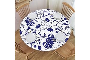 KUOAICY Blue and White Porcelain Print Round Tablecloth Elastic Fitted Table Cover Washable Reusable Elastic Edge Tablecloths for Kitchen Dining Party Fitted Table 45-50 inch