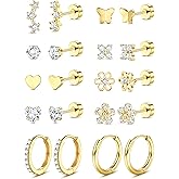 LOLIAS Flat Back Earrings for Women Girls Hypoallergenic Surgical Stainless Steel Earrings for Sensitive Ears 14K Gold Plated Heart Flower Stud Earring Set Small Huggie Hoop Cartilage Earring Stacks