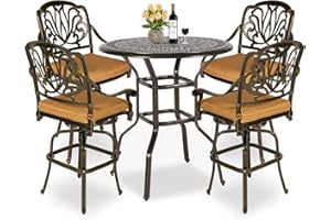 MEETWARM 5-Piece Patio Swivel Bistro Set, All-Weather Cast Aluminum Outdoor High Stool Set for Backyard Garden with 4 Cushioned Bar Chairs with Footrest and 35.4" Bar Table, 2" Umbrella Hole