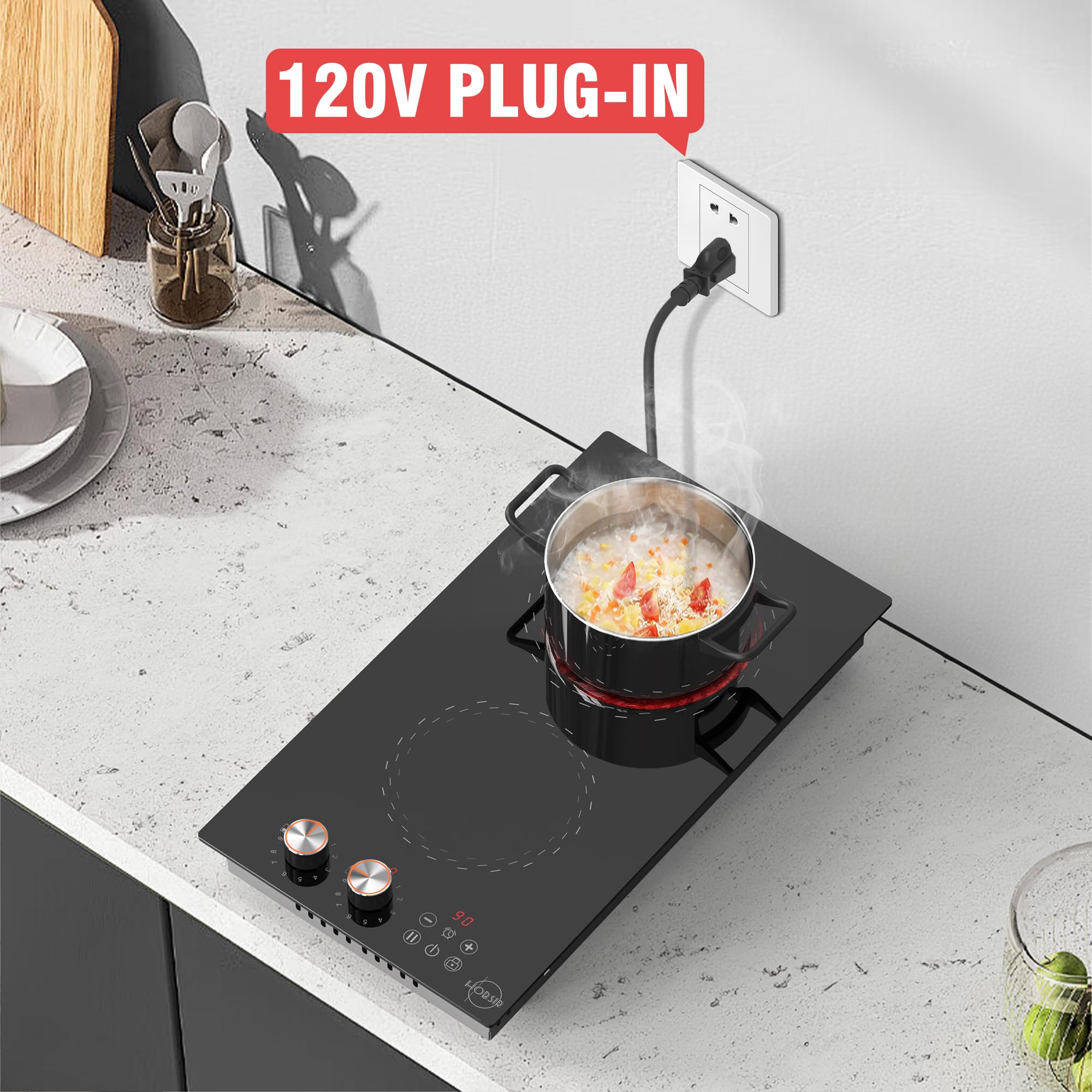 Plug-in 2 Burner Electric Cooktop, 120v Knob Electric Stove Top, 12 Inch Built-in Radiant Electric Stove 110v, Electrics Ceramic Cooktop with Child Safety Lock, Timer, Over-Temperature Protection