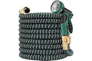 HISENS Expandable Garden Hose 100 ft with 10 Function Nozzle Sprayer, Lightweight & No-Kink Flexible Water Hose with Durable Latex Core & Solid Brass Fittings, 100ft Retractable Stretch Hose (DarkGreen)