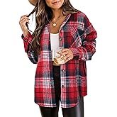 Women's Brushed Plaid Shirts Long Sleeve Flannel Lapel Button Down Cardigan Boyfriend Shacket Jacket Coats