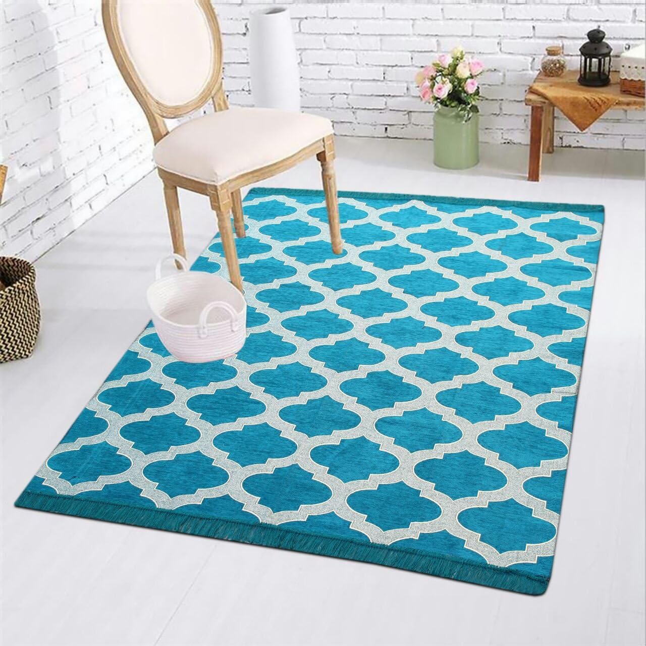 NIMKOS Zeometric Ethnic Designer Cotton Carpet Premium Living Room Cotton Touch Carpet/Rug/durries -(5x6 Feet, 58x70 Inch) Multi