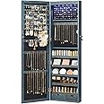 SONGMICS 6 LEDs Mirror Jewelry Cabinet, 47.2-Inch Tall Lockable Wall or Door Mounted Jewelry Armoire Organizer with Mirror, 2 Drawers, 3.9 x 14.6 x 47.2 Inches, Rustic Blue UJJC93IN