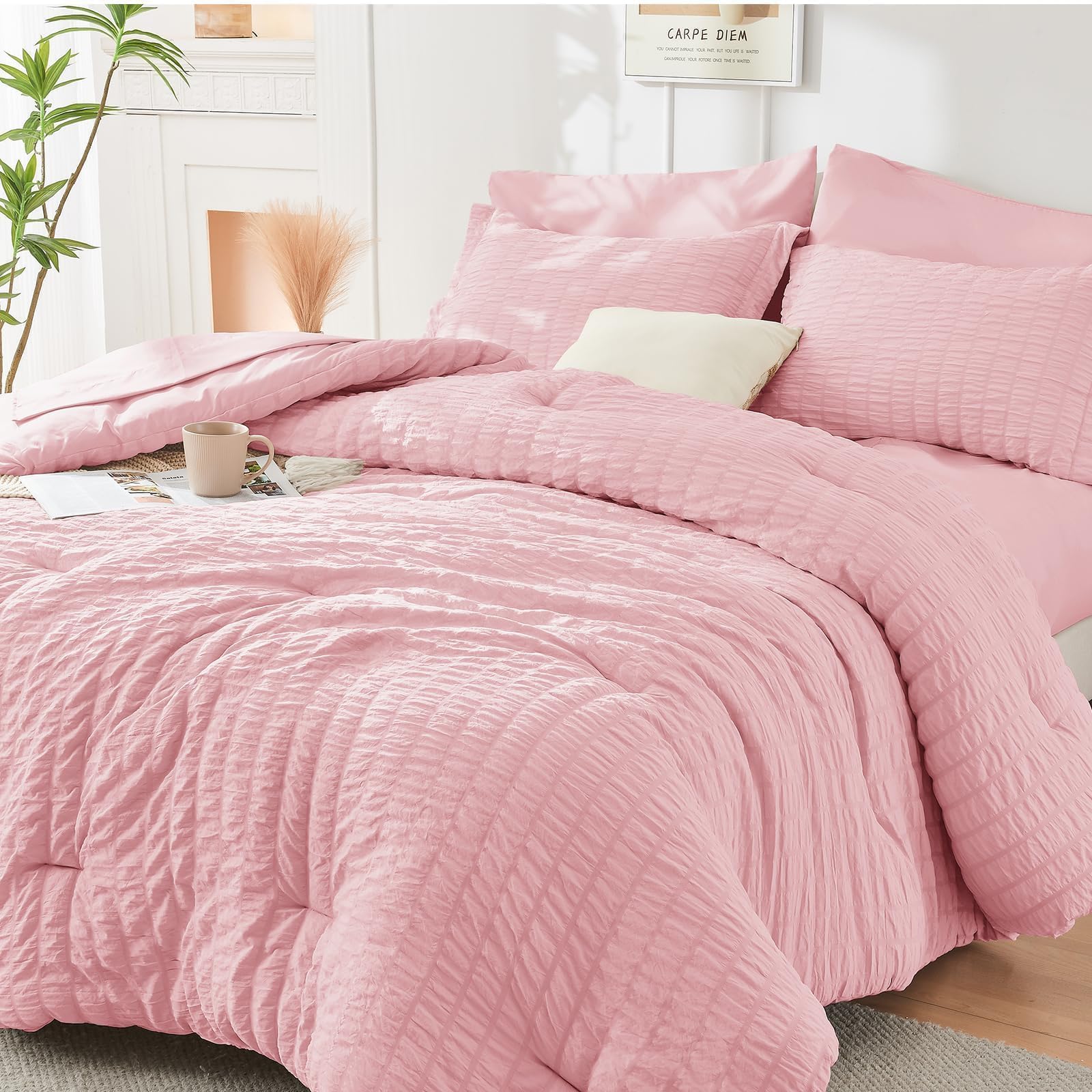 HYMOKEGE Pink California King Comforter Set Seersucker 7 Pieces, All Season Luxury Bed in a Bag for Bedroom, Bedding Set with Comforters, Sheets, Pillowcases & Shams