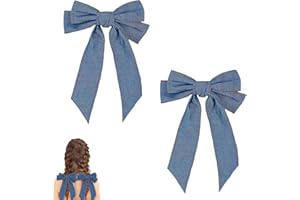 WIXGAOTK 2 PCS Denim Hair Bow Clips Large Blue Jeans Bowknot Long Tail Ribbon Hair Barrettes Non Slip Vintage Boho Hairpin Ha