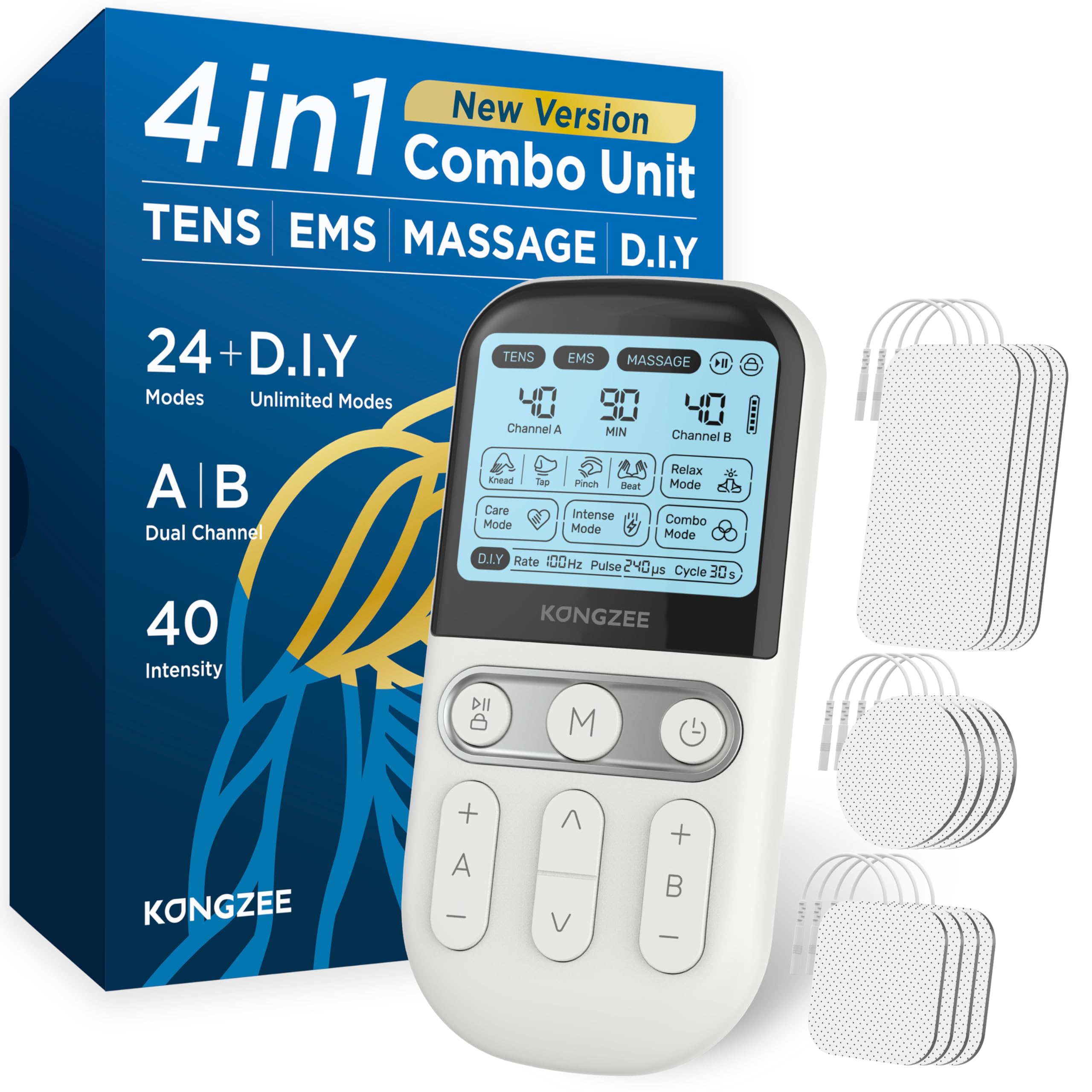 Photo 1 of 4 in 1 - D.I.Y & Tens Unit & EMS & Massage Muscle Stimulator, Dual Channel TENS Units Therapy Machine for Pain Relief, FDA Cleared Rechargeable Electronic Pulse Massager, with 12pcs Electrode Pads.