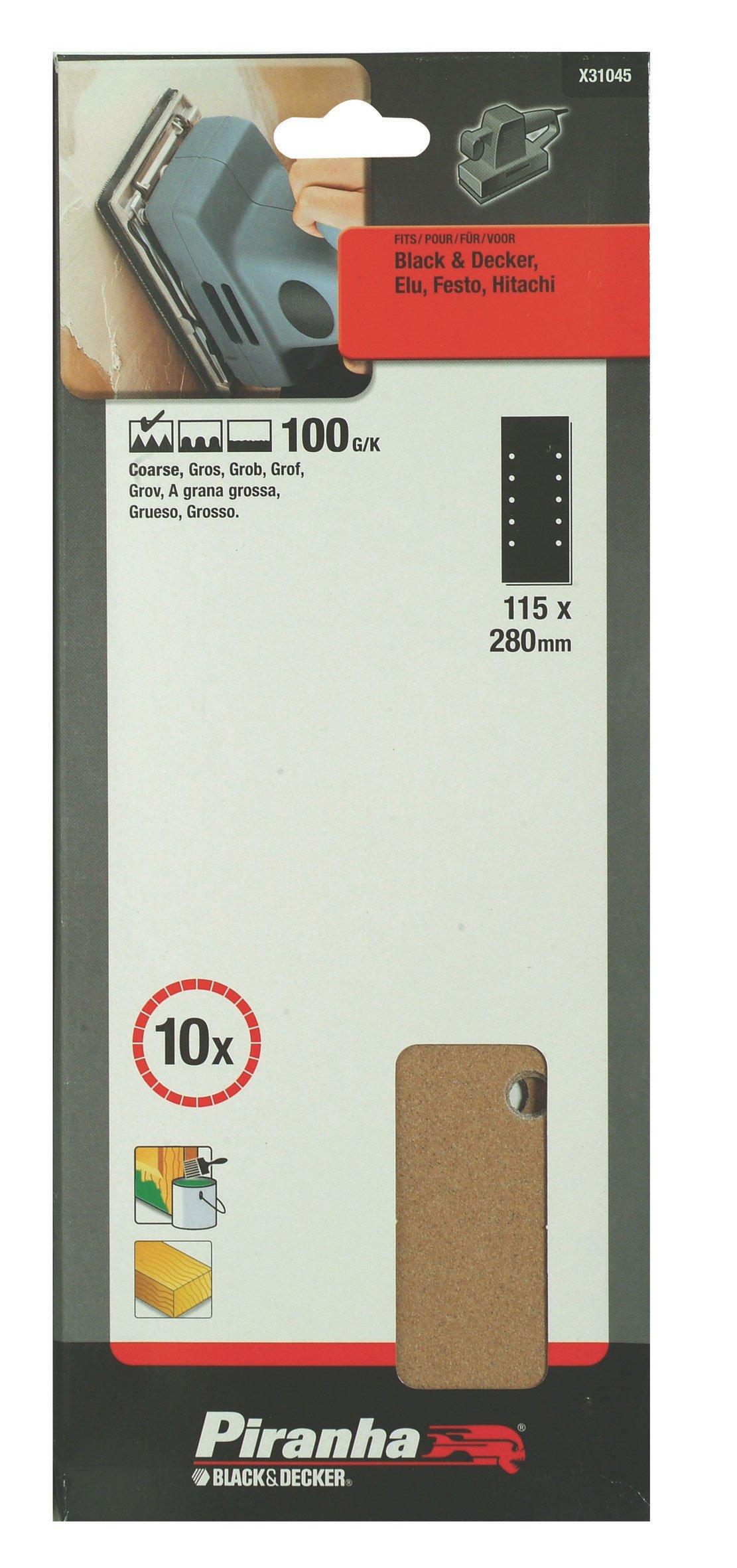 Piranha 10 x 115 x 280mm Black + Decker/Elu/Festo/Hitachi/Sanding Strips/Punched/Coarse 100 Grit X31045