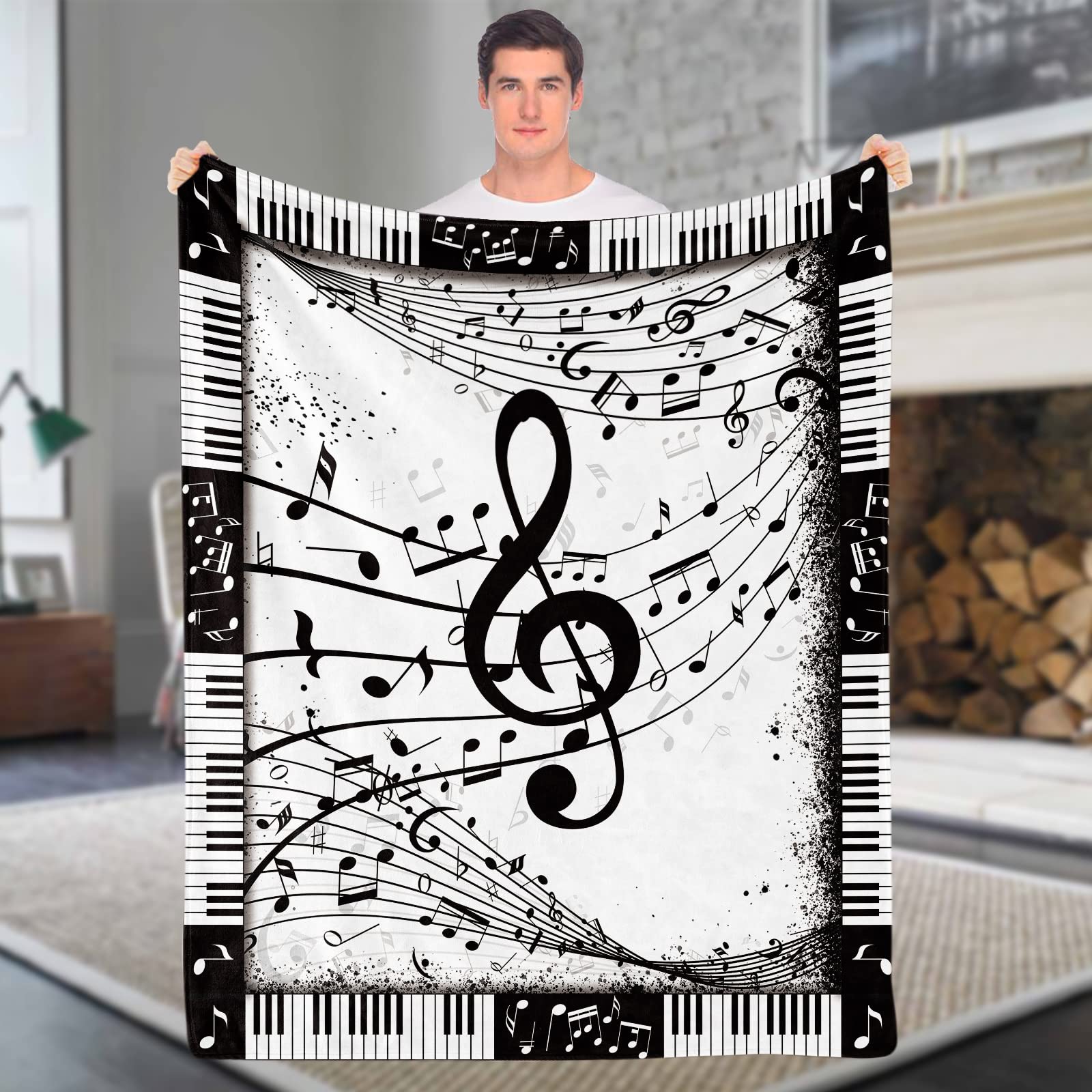 Black and White Music Note Blanket - Soft Cozy Fleece Flannel Throw With Piano Keys Design - Gift for Musicians, Singers, Pianists - 130x152 cm