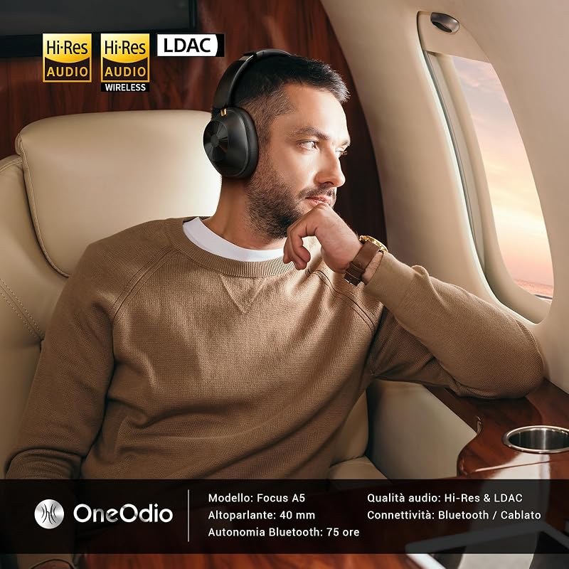 A5 Cuffie Bluetooth Over Ear Cuffie Con filo,Cuffie Over Ear Con Cancellazione Rumore Attiva Adattiva fino al 98%,LDAC Hi-Res Wireless Audio,Cuffie Wireless 75 Ore ANC Ibrida Nero