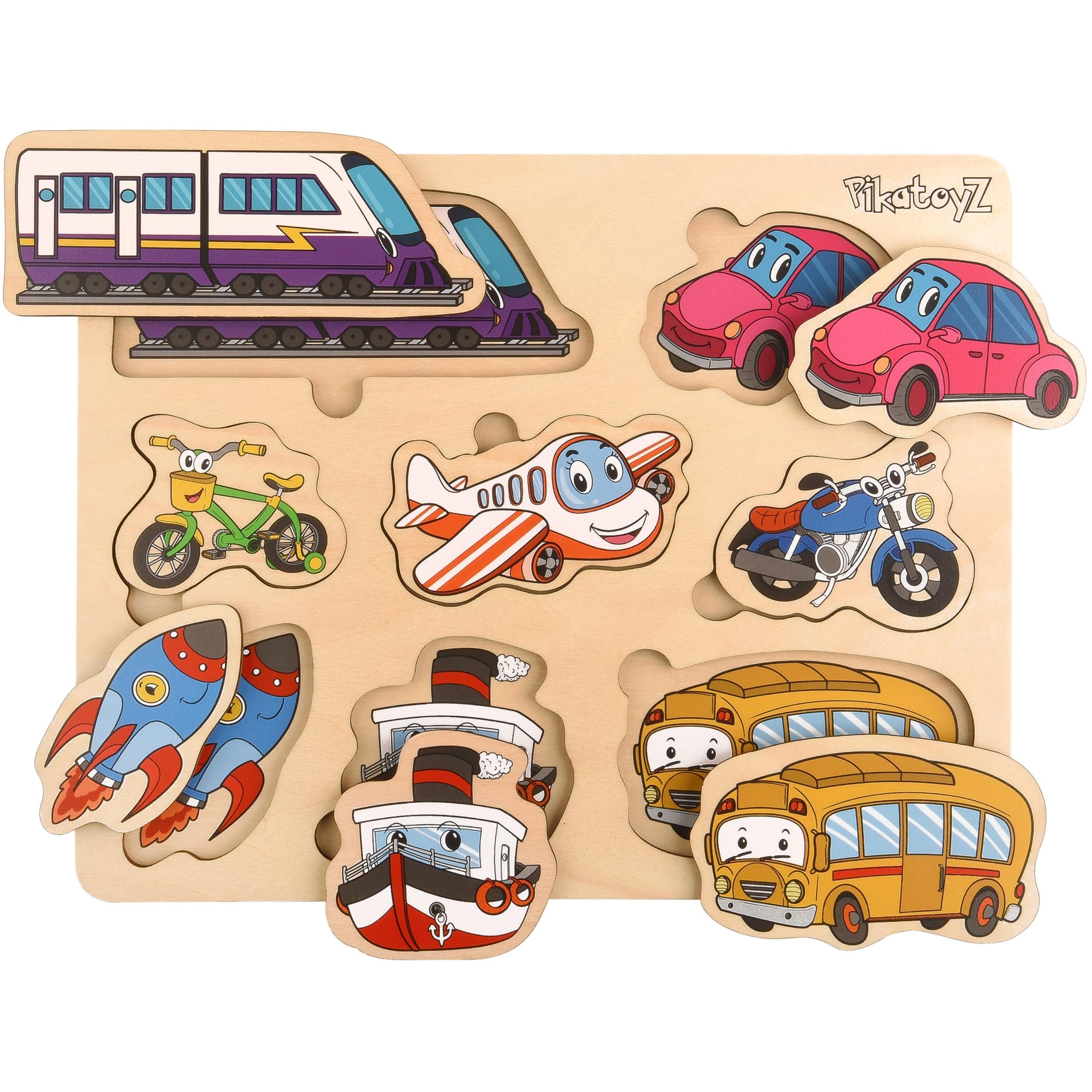 PikatoyZ® Educational Toys for 1, 2, and 3 Year Olds – Montessori Puzzle with Transport Vehicles – Wooden Travel Game for Toddlers – Gift for Boys and Girls