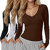 Velvelhall 3 Pack Women's Long Sleeve V Neck Shirts Compression Yoga Athletic Tops Slim Fit Running Tees Workout Undershirts