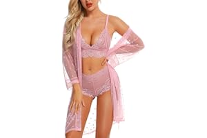 RSLOVE Women Sexy Lingerie Set 3 Piece Lace Kimono Robe with Bra and Panty Sheer Sleepwear