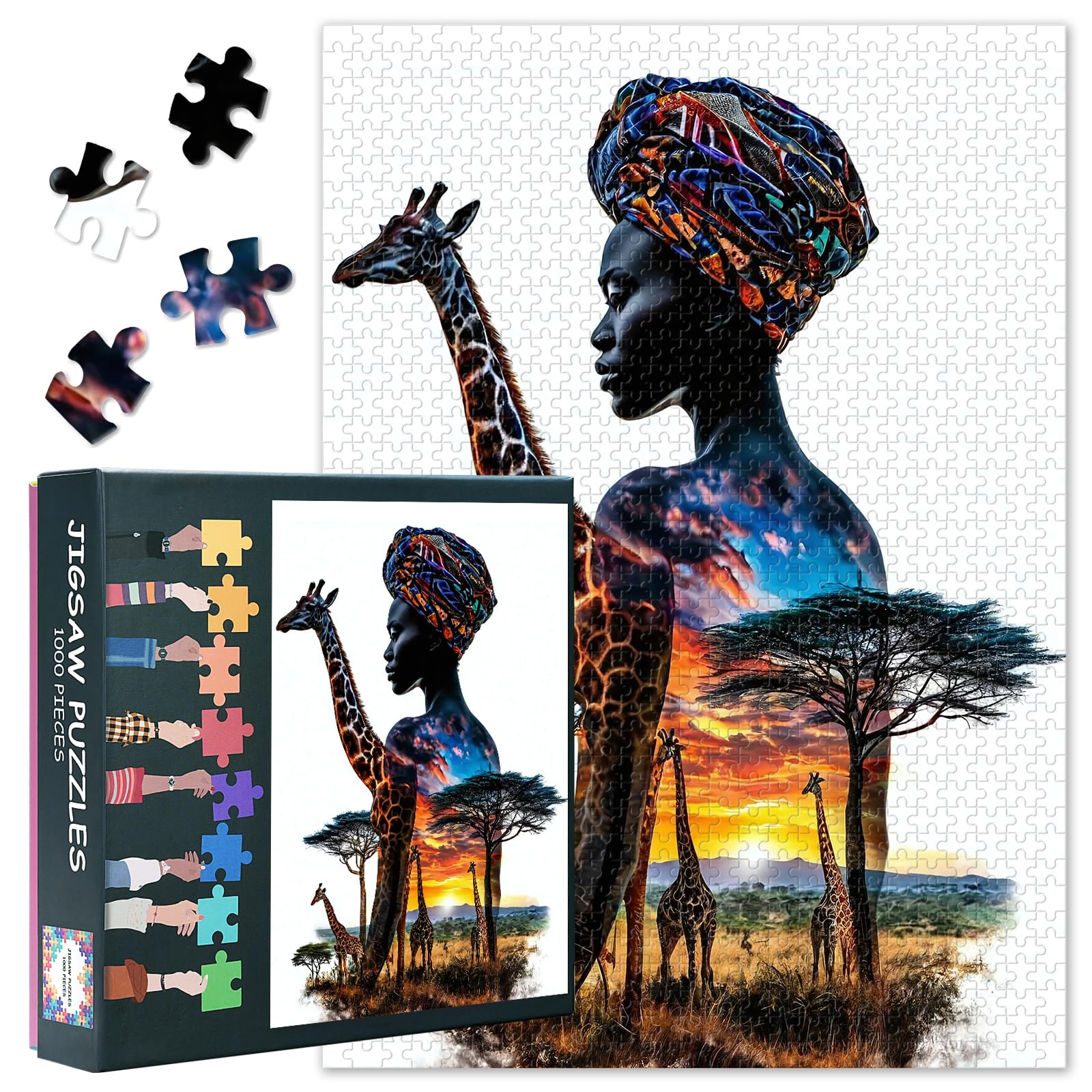 Woman of African Puzzles for Adults 1000 Pieces, African Savannah Jigsaw Puzzle for Adults, Giraffes and Antelopes Puzzle for Adult Educational Fun Games or Toys for Elders Friends 20X27 INCH
