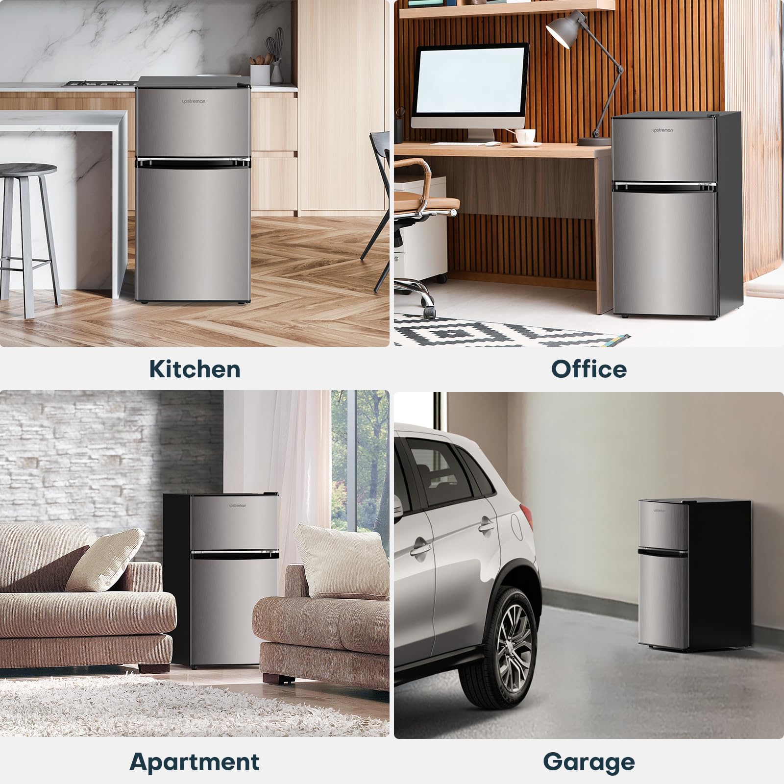 Upstreman 3.2 Cu.Ft Mini Fridge with Freezer, Double Door Mini Fridge, Adjustable Thermostat, Mini Refrigerator for Dorm, Office, Bedroom, Stainless-SD321